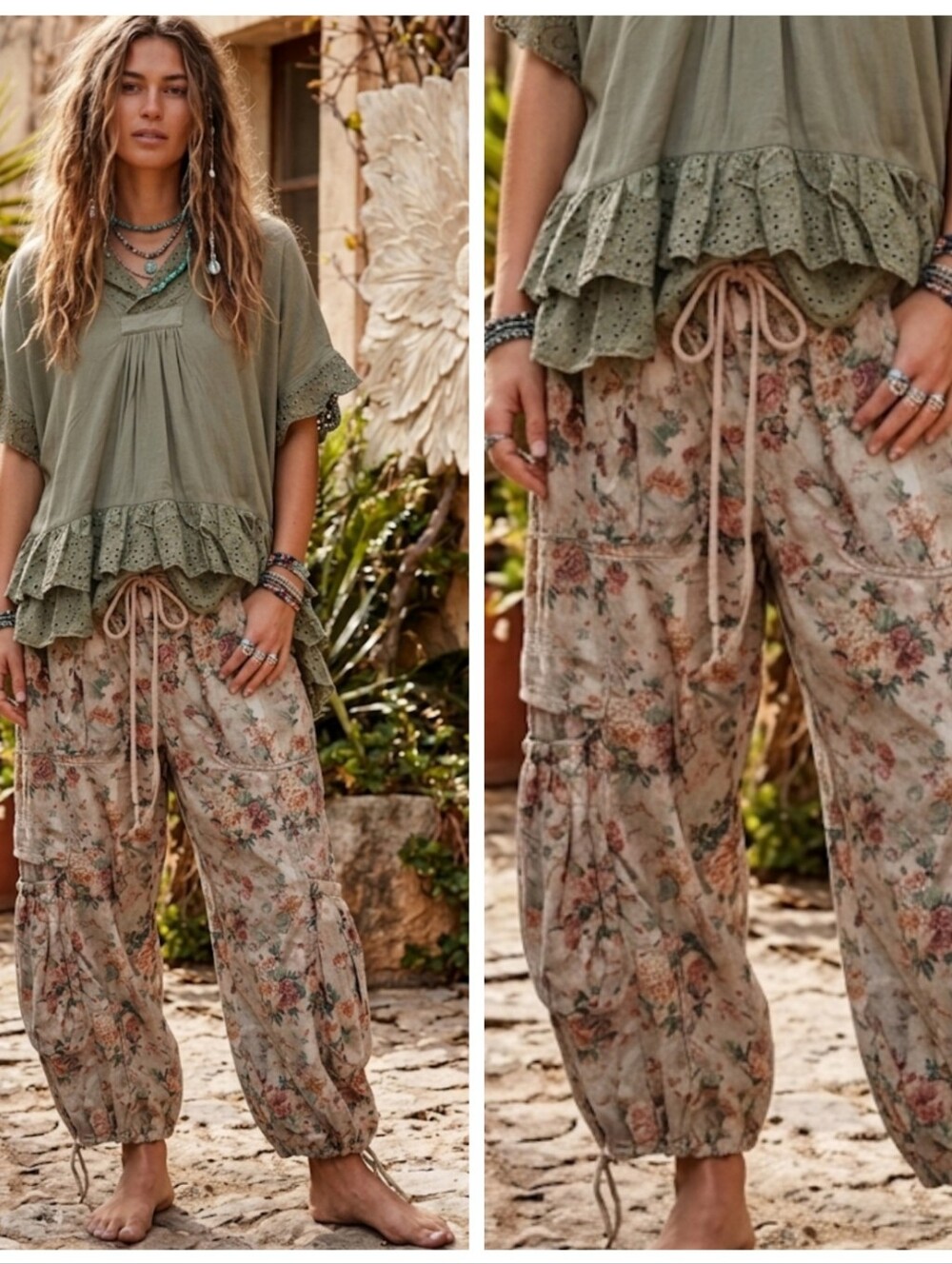 Floral Vintage Wash Cargo Jogger Pants in Beige